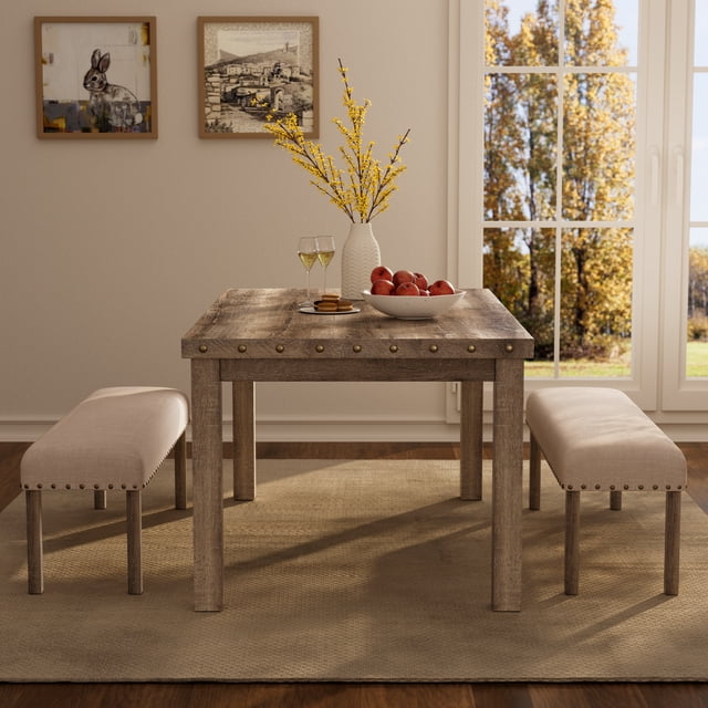 Farmhouse Dining Set 4-Person Dining Room Set, Mid-century Rectangular Wood Dining Table with 2 Upholstered Benches for Apartment Kitchen (Beige, 3PCS-Table+2 Bench)