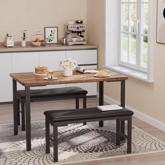 Retro 3-Piece 4-Seater Dining Set, Kitchen Table with 2 Padded Storage Benches, Space-Saving Furniture for Breakfast Nooks