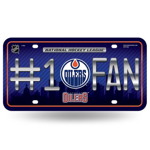 NHL Edmonton Oilers License Plate measuring 6 by 12 inches with a blue background and orange border, featuring silver metallic '#1 FAN' text and the official Oilers logo centered. Made of durable metal with a high gloss vinyl finish and pre-drilled holes for mounting. Suitable for vehicle display or fan room decoration.