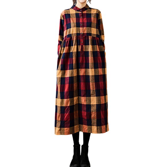 Womens Checkered Dress, Plaid Midi Dress for Women, Long Sleeve Polo Pullover, High Waist Casual Shift Dress for Home, Outdoor Wear