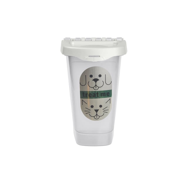Van Ness Treat Me Container 2lb clear plastic pet treat container with white snap-lock lid and label featuring cartoon dog and cat faces with treat me text, made from USFDA food contact approved plastic with Fresh-tite seal to keep dog, cat, or small animal treats fresh.