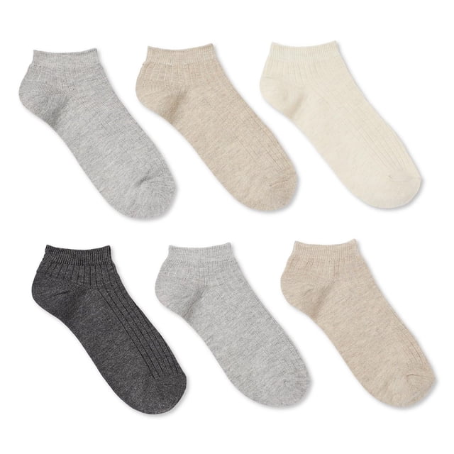 George Women's Low-Cut Socks 6-Pack includes six pairs of ribbed, low-cut casual socks in neutral shades like light grey, beige, cream, dark grey, and oatmeal, made from a breathable polyester, rayon from bamboo, and spandex blend for comfortable everyday wear, ideal for pairing with sneakers.