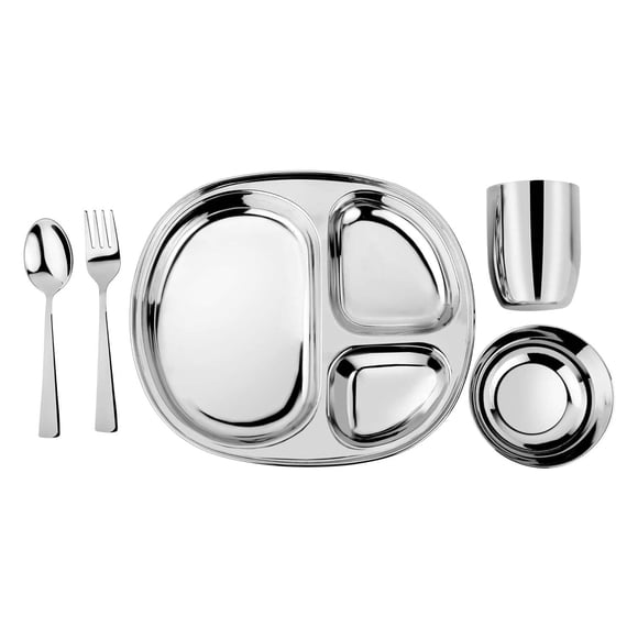 Ahimsa Stainless Steel Kids Dinnerware Set - 5 Piece Toddler Plates and Bowls Set, Pediatrician Designed, Includes Non Toxic Toddler Plate and Bowl, Kids Utensils an