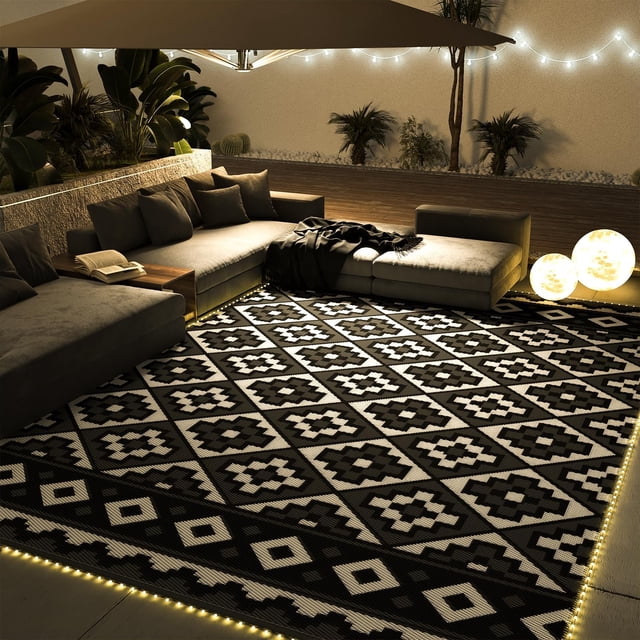 Outdoor Rug x RV Camping Mat Outdoor CarpetPatio Camper Backyard Rug with Led Strip Light Reversible Geometric Picnic Deck Proch Balcony Foldable Rugs &