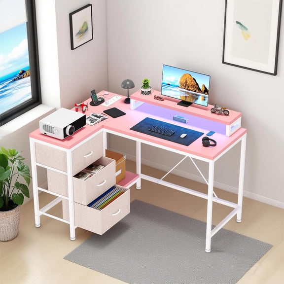 Gaming Desk L-Shaped Desk with 3 Drawers, 47.3" Corner Computer Desk with USB Charging, Power Outlets, Monitor Stand, LED Lights, Reversible Design