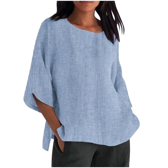 hotojiny Oversized Tshirts for Women Cotton Linen Plus Size Scoop Neck Top Casual 3/4 Sleeve Striped Breathable Tee Lightweight Side Slit Clothes