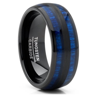 Men's Tungsten Carbide Ring Dome Real Blue Wood Inlay Wedding Band 8MM