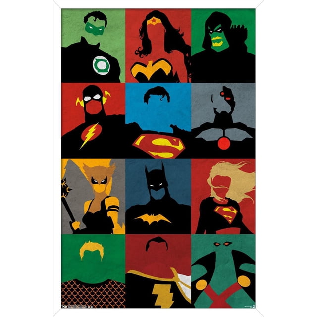 DC Comics - Justice League - Minimalist Wall Poster, 22.375" x 34" featuring twelve minimalist, faceless silhouettes of Justice League superheroes including Green Lantern, Wonder Woman, Green Arrow, The Flash, Superman, Cyborg, Hawkgirl, Batman, Supergirl, Aquaman, Shazam, and Martian Manhunter, each set against bold solid colour backgrounds in red, green, blue, gray, and yellow, printed on glossy poster paper suitable for wall art and home décor.