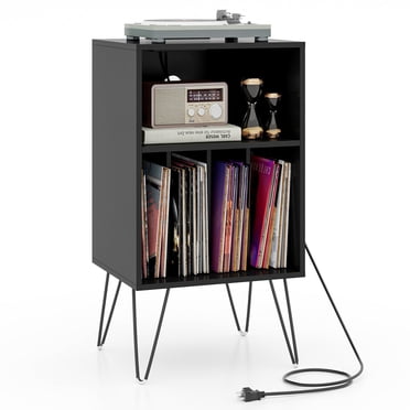 Patiojoy Meuble pour Tourne-Disque Domestique avec Rangement Armoire de Rangement pour Disques Vinyles à 3 Niveaux Support de Plateau Tournant avec Station de Recharge Étagère Ouverte et 4 Séparateurs Noir