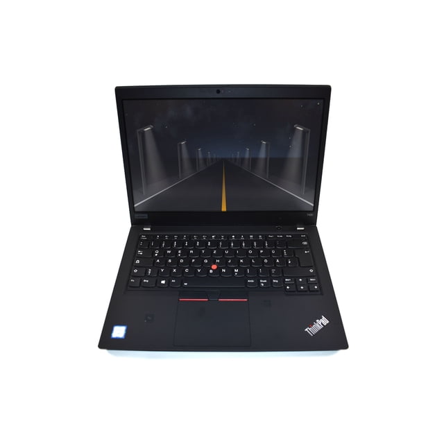 Lenovo ThinkPad T490 Laptop with a 14-inch Full HD display, featuring an Intel Core i5-8665U processor, 24GB DDR4 RAM, and a 512GB SSD. The laptop is shown open with a backlit keyboard and a vivid screen displaying a night road scene. Refurbished to excellent condition, it includes HDMI connectivity, Windows 11 Pro, and versatile ports for professional use.
