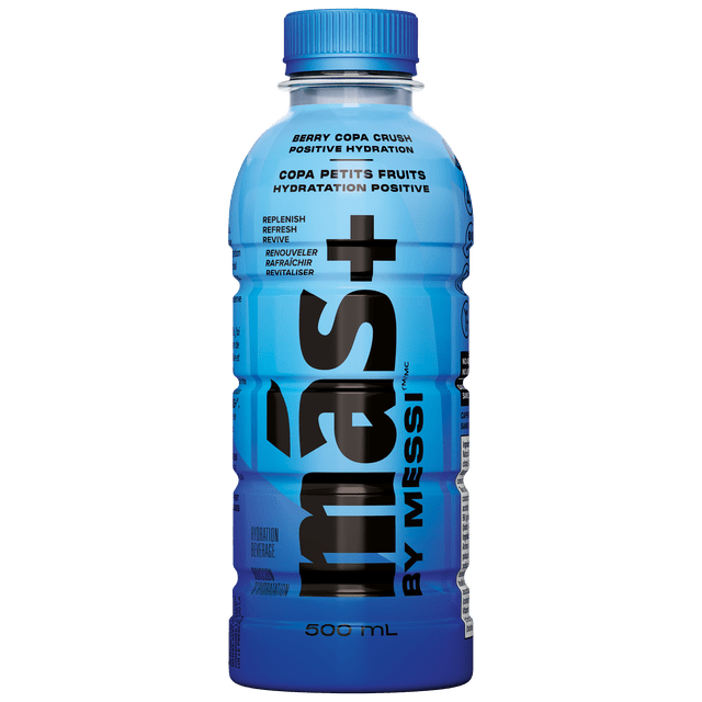 Mas+ By Messi Berry Copa Crush Hydration Drink in a 500 mL blue plastic bottle with a blue screw cap, featuring bold black vertical text and bilingual hydration claims, containing 10 calories, 4 electrolytes, 4 minerals, 6 vitamins, 2 antioxidants, and 1g cane sugar per serving, suitable for sports hydration and post-exercise refreshment.
