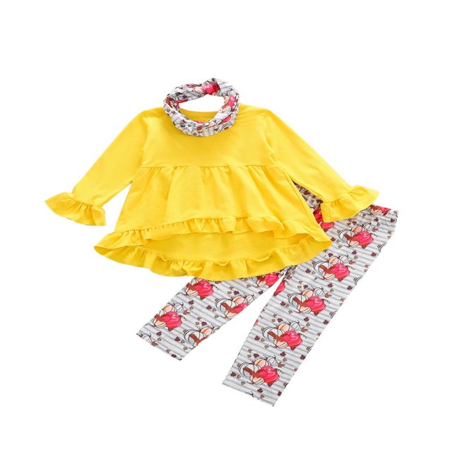 3Pcs Kids Halloween Tracksuit Ruffle Long Sleeve Dress Top+Pumpkin Legging Pant Set with Scarf 3Pcs Outfit