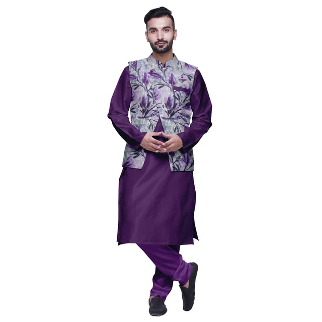 Atasi Kurta Churidar Uni pour Homme à Col Mandarin, Pyjama et Ensemble de Veste Nehru Imprimée