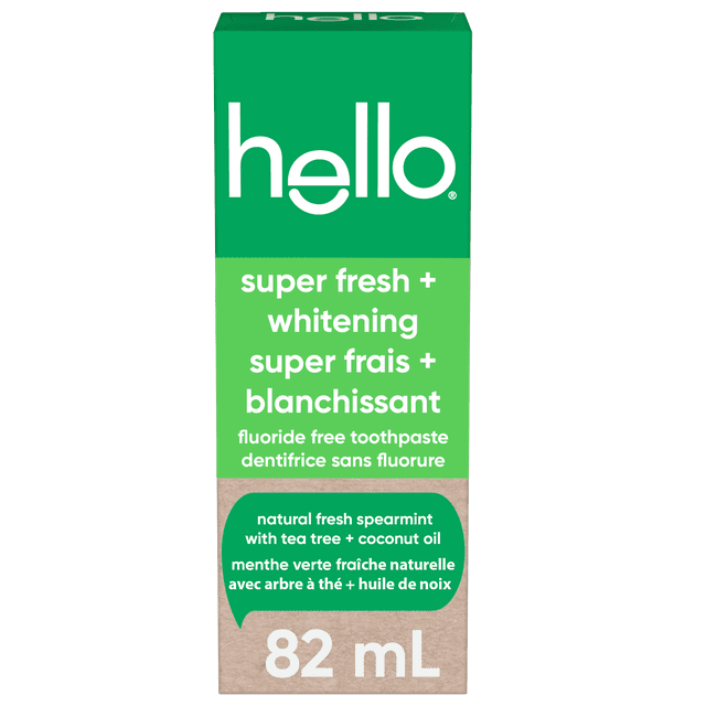 hello Super Fresh Whitening Fluoride Free Toothpaste in natural spearmint with tea tree and coconut oil, 82 mL box with bilingual English and French text highlighting fluoride free, whitening, and fresh breath benefits suitable for plaque removal