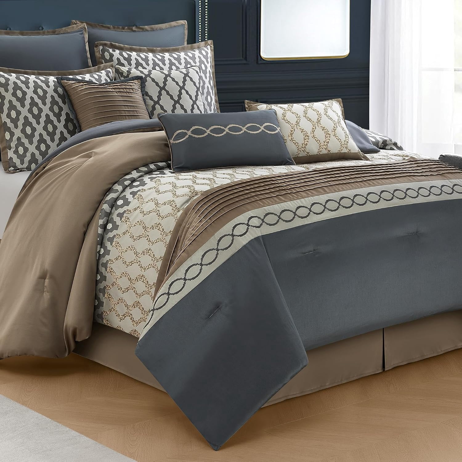 King Size Comforter Set, Grey Brown, 10 Piece Bed in a Bag for All Seasons, Luxury Extreme Comfort Bedding Sets with Bedskirt, Pillow Shams, Euro Shams and Decor Pillows