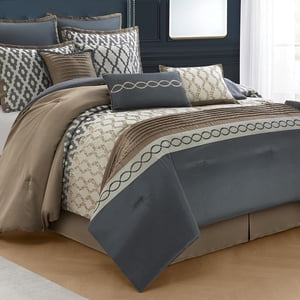 King Size Comforter Set, Grey Brown, 10 Piece Bed in a Bag for All Seasons, Luxury Extreme Comfort Bedding Sets with Bedskirt, Pillow Shams, Euro Shams and Decor Pillows