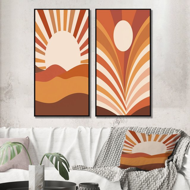 Designart "Midcentury Terracotta Sun Retro Landscape II" Modern Midcentury Framed Wall Art Set Of 2 - Mid-Century Brown Gallery Wall Frame Set For Home Decor