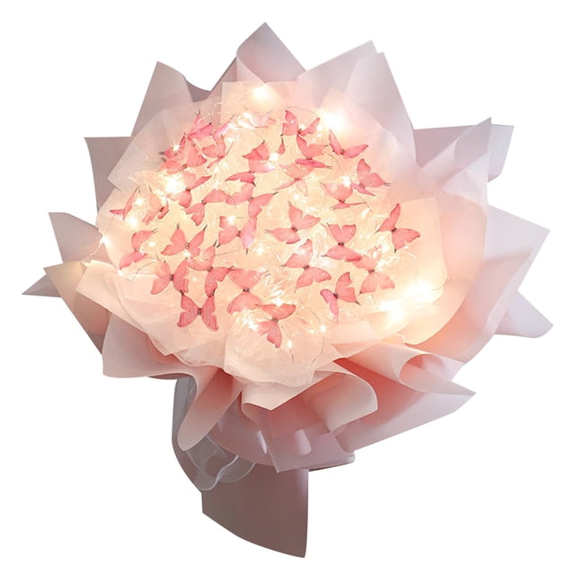 52-Piece Artificial Butterflies and Flowers Bouquet Craft Kit With LED Light String for Valentine's Day, Birthday, Anniversary, Engagement