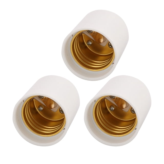 GU24 to E26 Light Socket, Bulb Base Adapter Converter, Commutator 3Pcs. A set of three white ABS plastic adapters with gold-toned metal interiors, designed to convert GU24 sockets to E26 bulb bases. Suitable for incandescent, CFL, and LED bulbs with a rated voltage of 0-250V. Ideal for home improvement electrical projects.