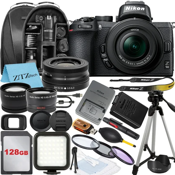 Nikon Z50 Mirrorless Camera with NIKKOR Z DX 16-50mm VR Zoom Lens, 128GB Memory Card, Backpack, Flash, Tripod and ZeeTech Accessory Bundle