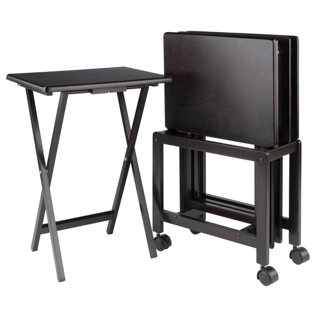 Allen 5pc Snack Table Set in Coffee Finish featuring one folding table open with a 19 by 14.5 inch rectangular tabletop with rounded corners and X-frame trestle base, alongside a solid wood rolling rack holding four folded tables on four plastic wheels, two locking, all in a rich coffee finish, suitable for extra surface space in patio or living room.