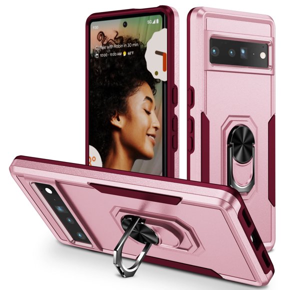 Designed for Google Pixel 8a Case, Military-Grade Drop Protection, Shockproof Phone Case Cover, Magnetic Car Mount Ring Kickstand Bumper Hard Case for Google Pixel 8a, Pink + Rose