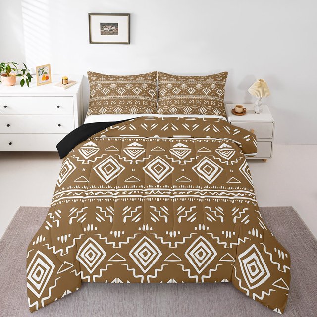 Erosebridal Bohemian Aztec Bedding Sets Queen with Comforter, Tribal Geometric Pattern Duvet Insert, Brown, Reversible 3pcs