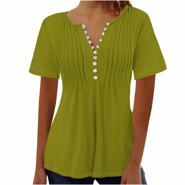 AherBiu Womens Tops Summer Button Round Neck Solid Color Ruched Dressy Casual Loose Tunics Tshirts