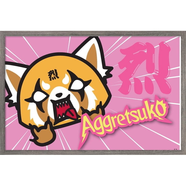 Aggretsuko - Affiche Murale Cornes, 14,725 Pouces x 22,375 Pouces Présente un panda Roux de Dessin Animé Orienté vers l'Avant avec une Fourrure orange et Blanche, des Marquages d'Oeil Noirs, et une Bouche Ouverte Montrant des Dents et une Langue Tranchantes, Faisant un Geste de Main rock sur un Fond Rose avec des Lignes Radiales Blanches et des Caractères kanji Japonais Roses, avec le logo « Aggretsuko » Jaune et Rose, Encadré en Bois Clair, Idéal