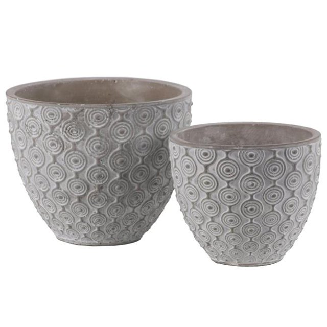 Benzara BM180840 Pot Rond en Ciment Design Cercle Concentrique, Gris - Ensemble de 2 - 5.25 x 6.25 x 6.25 Po
