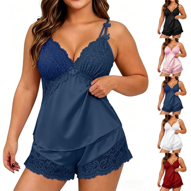 Jovati Ensembles de Vêtements de Nuit pour Femmes, Camisole en Dentelle à Bretelles Spaghetti à Col en V avec Shorts en Satin Assortis, Coupe Décontractée, Fermeture à Enfiler, Tissu à Séchage Rapide, Tenue d'Intérieur pour Toutes les Saisons