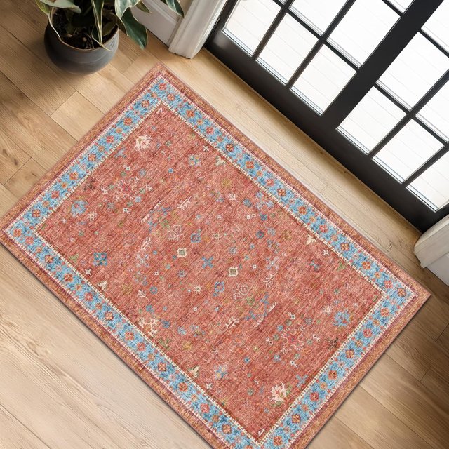Hazo Haus Boho Entryway Rug - Small Rugs for Entryway Indoor Non Slip, Washable Rug for Bathroom and Kitchen - Floral Farmhouse Design, Perfect for Boho Décor (2x3 Terracotta/Aqua)