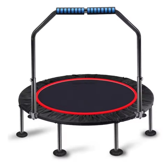 axGear Trampoline 40 Inch Indoor Outdoor Home Fitness Exercise Foldable Rebounder with a durable black polypropylene jumping mat bordered in red, padded frame cover for safety, and adjustable foam handrail for stability. Designed for fitness and rebounder exercises, it features sturdy steel legs with anti-slip rubber sleeves. Foldable for compact storage, it supports up to 260 pounds and is ideal for indoor and outdoor use.