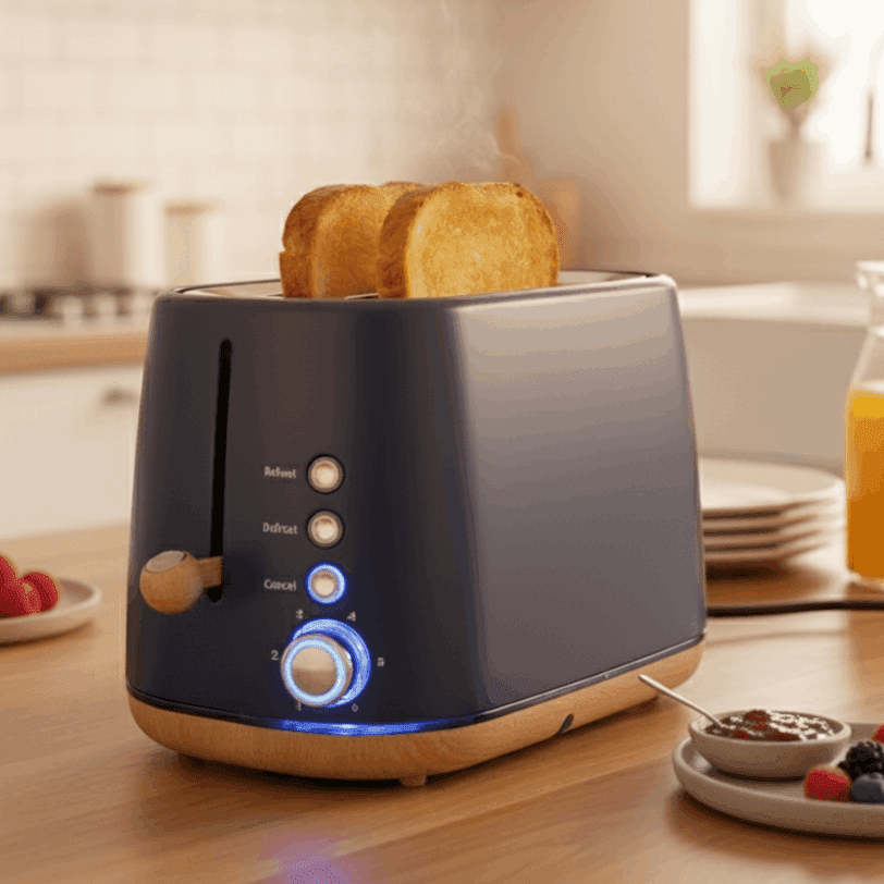2-Slice Retro Toaster with 6 Shade Settings – Wide Slots, Reheat & Defrost, Stylish Faux Wood Trim