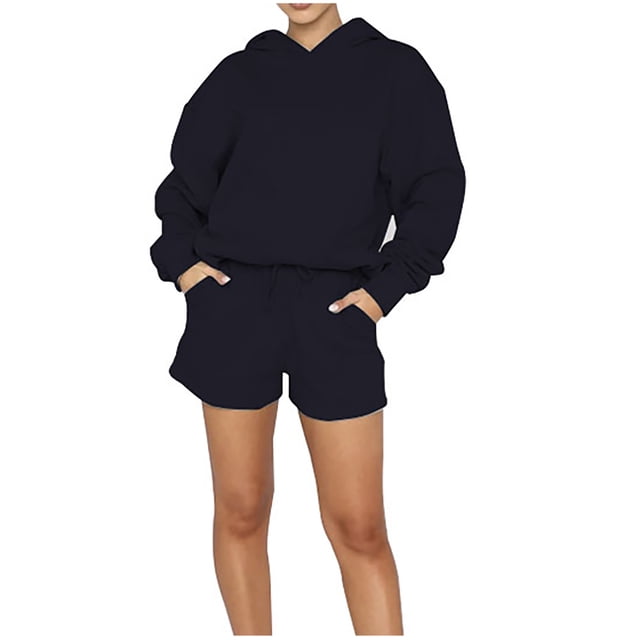 IROINNID Survêtement pour Femmes Ensemble 2 Pcs Réduit Ensemble Uni Survêtement Chandail Sport Sans Capuche Ensembles Tenue de Jogging, Bleu
