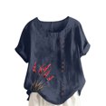 thumbnail image 1 of Pisexur Hauts pour Femmes Décontractés en Lin Col Rond Grande Taille Imprimé Manches Courtes T-shirt Blouse, Hauts d'Été pour Femmes Marine, TG, 1 of 5