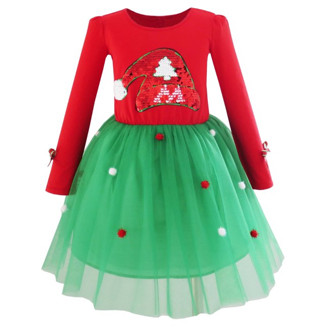 Robe Fille Noël Chapeau de Père Noël Manches Longues Robe de Fête 4 Ans