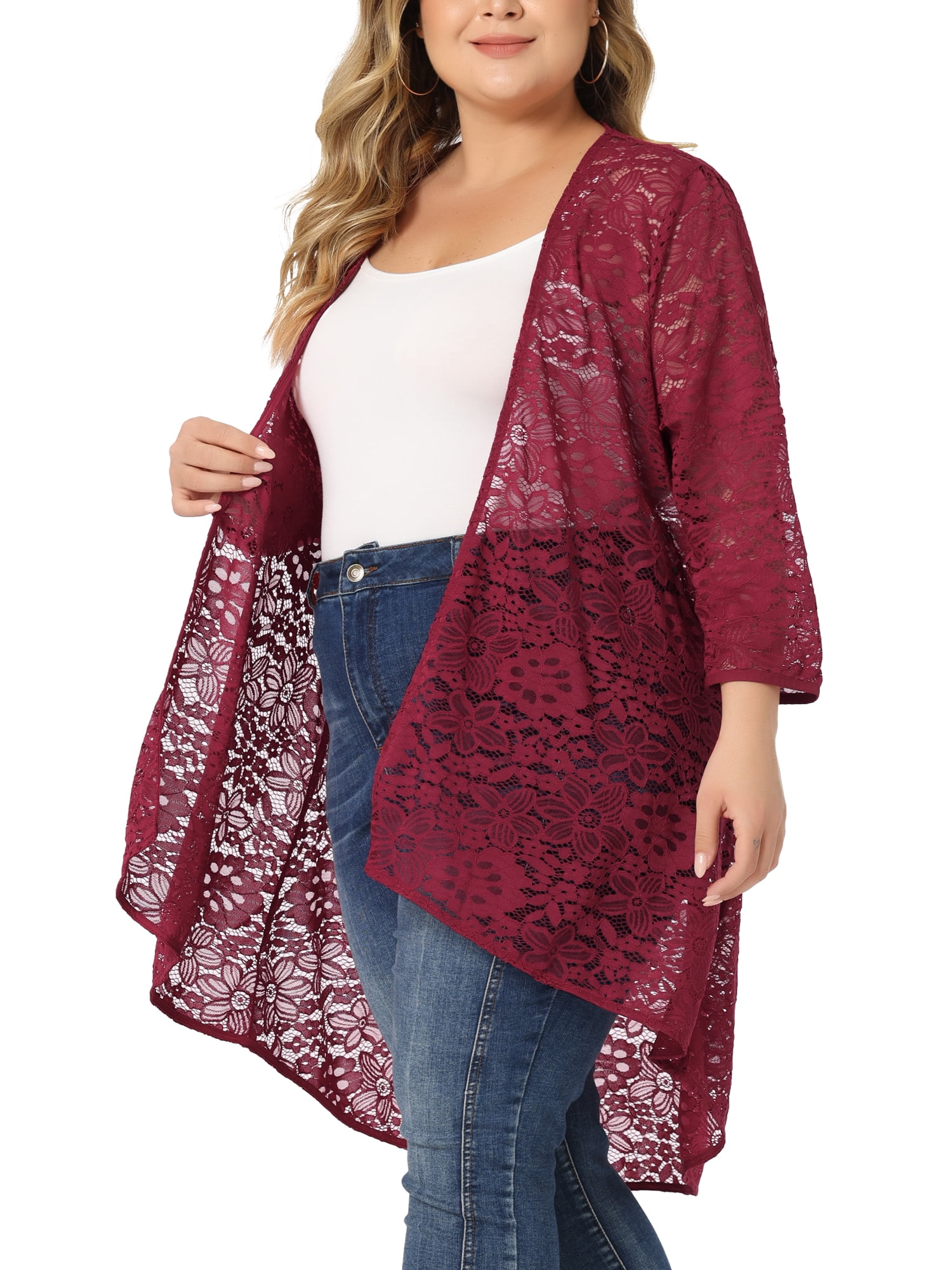 GRACE & GRANDEUR Women's Plus Size Cardigan Lace Crochet High Low