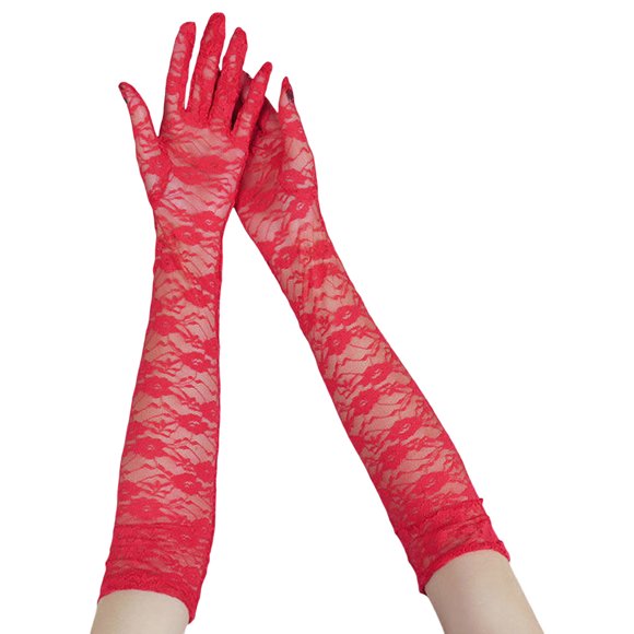 Women Lace Gloves Long Thin Stretch Black Sexy Retro Mesh Wedding Party Gloves Gloves Mittens Red One Size