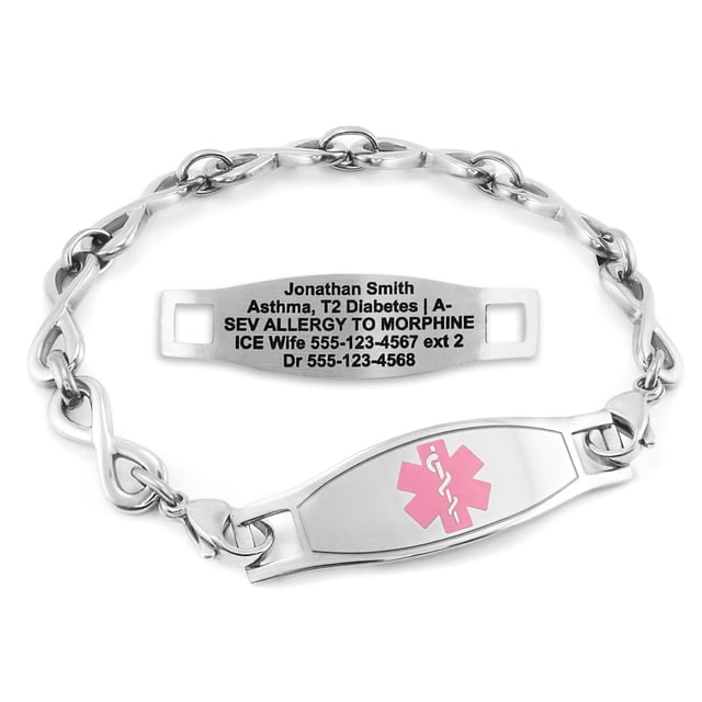 MedicEngraved Stainless Steel Custom Medical Alert Bracelet featuring a 6mm infinity link chain and a rectangular tag. The tag displays engraved medical information on one side and a pink medical alert symbol on the other. Made from hypoallergenic 316L surgical stainless steel, it is waterproof and designed for 24/7 wear. Customizable with laser or diamond-etched engraving options.
