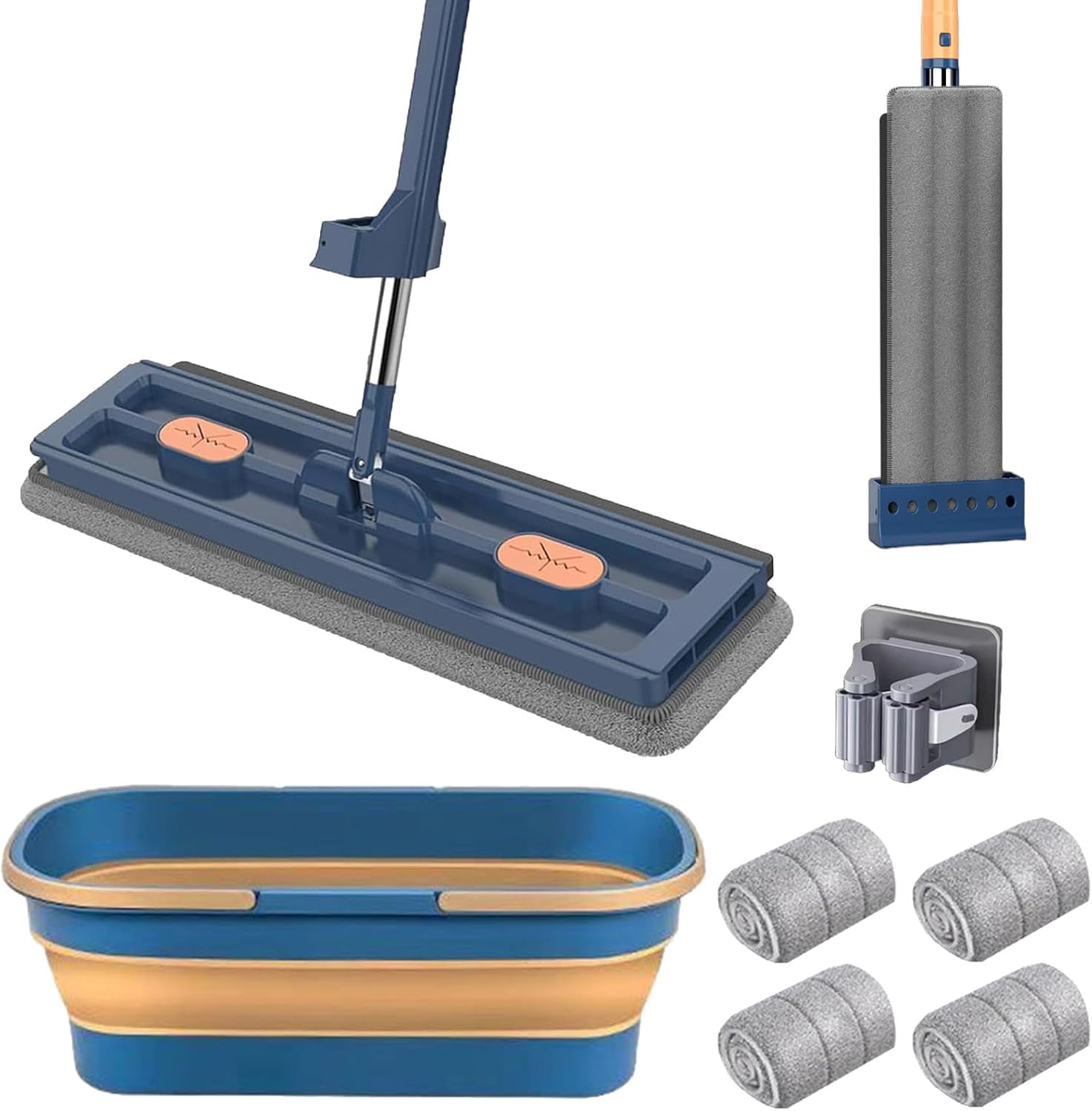 2025 New Saker Plus Mop, 360° Rotation Saker Plus Flat Mop and Bucket Set, Wet and Dry Large Self Wringing Flat Mop with 6 Washable Microfiber Pads, for Tile Hardwood Windows