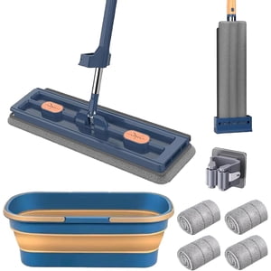 2025 New Saker Plus Mop, 360° Rotation Saker Plus Flat Mop and Bucket Set, Wet and Dry Large Self Wringing Flat Mop with 6 Washable Microfiber Pads, for Tile Hardwood Windows