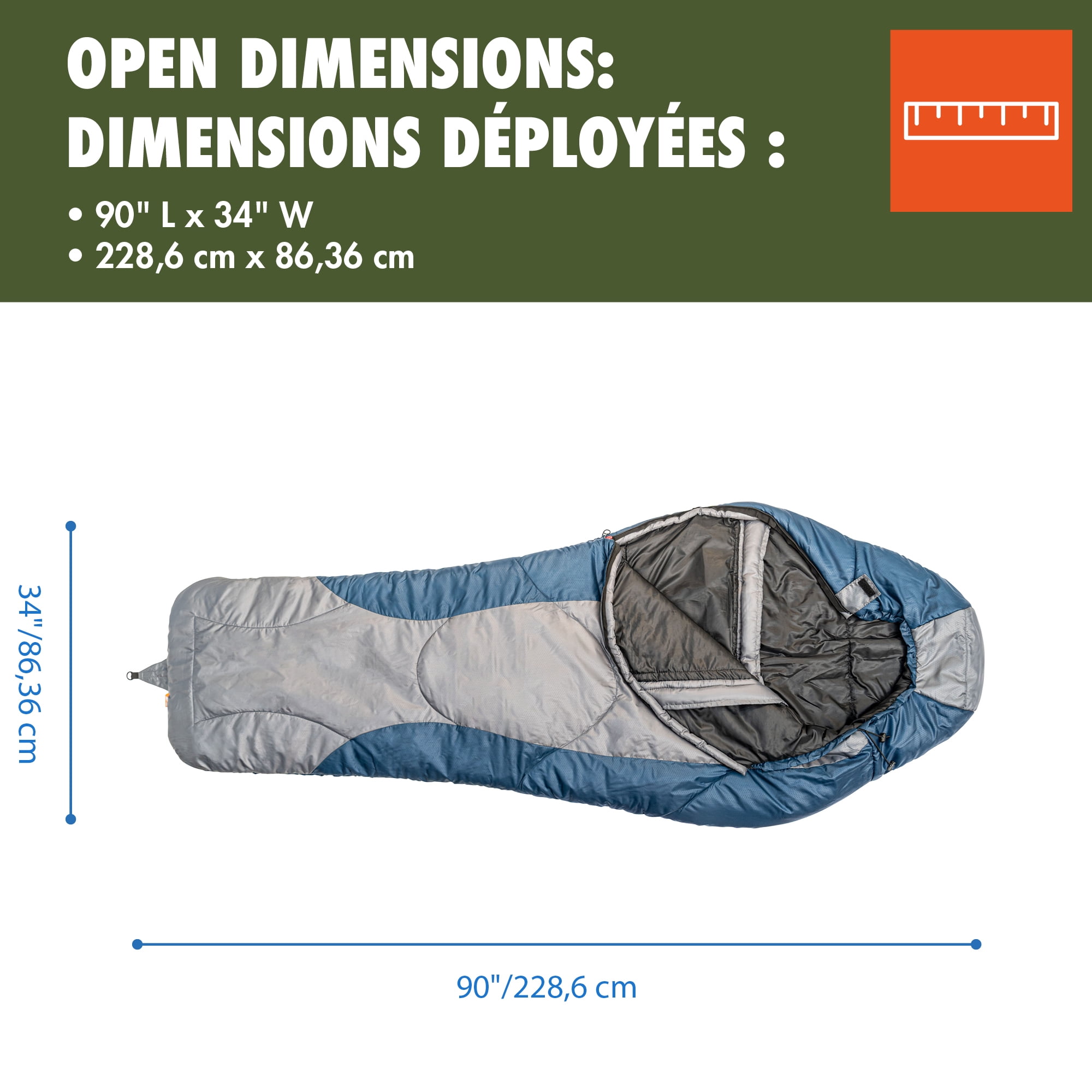Ozark Trail - Sac de Couchage - Sarcophage -10℃, Polyester, Couleur Gris et Bleu, 86 x 229 cm, avec Sac de Transport par Compression