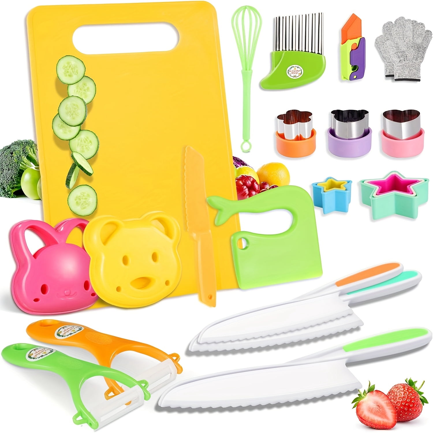MesaSe 23pcs Kids Knife Set for Real Cooking  Toddlers Kitchen Tools with Gloves  Cutting Board  Crinkle & Sandwich Cutters  Y Peelers And Toddler Knives