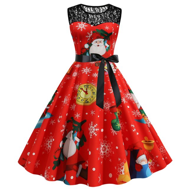 Fridja Robe de Soirée Vintage Sans Manches à Imprimé Rétro de Noël pour Femmes