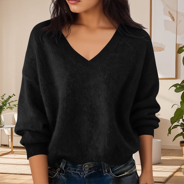 BLVB Chandails Chauds pour Femmes Col en V Classique Doux Chandail Confortable Ample Décontracté Manches Longues Automne Hiver