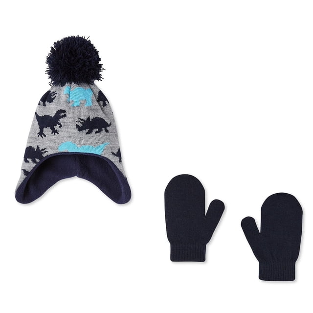George Baby Boys' Hat and Mitts 2-Piece Set includes a grey knit hat with blue and black dinosaur patterns, navy fleece lining, ear flaps, and a navy pompom, paired with navy knit mittens with ribbed cuffs, designed to keep babies warm in cold weather.