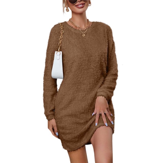 LUXUR Robe Chandail pour Femme Chandail en Peluche Chandail à Manches Longues Mini Robes Ample en Molleton Brun TG