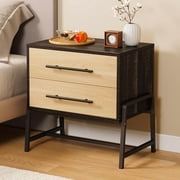 Nightstand with Drawers, Bedside Table with Storage, Light Wood Side Table with Metal Legs, Dark Brown Night Stand Mid Century Modern Bed Side Tables for Bedroom Living Room