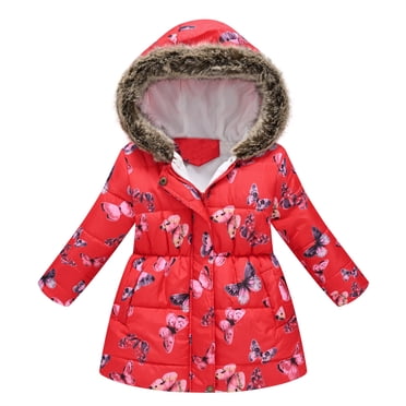 PMVFHDE Toddler Jacket Kids Girls Boys Light Puffer Floral Print Faux Fur Hoodie Zip Up Fleece Fall Winter Jacket,Red,2-3 Years